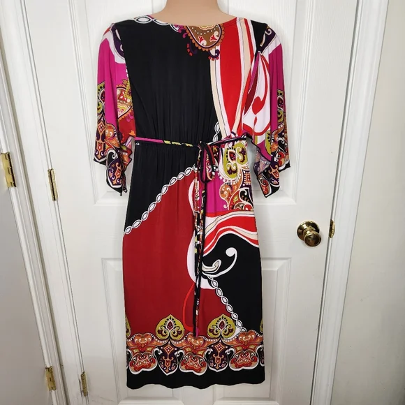 Carole Little Flutter Sleeve Midi Dress Paisley Size 4 Red Black Pink White - Picture 4 of 8